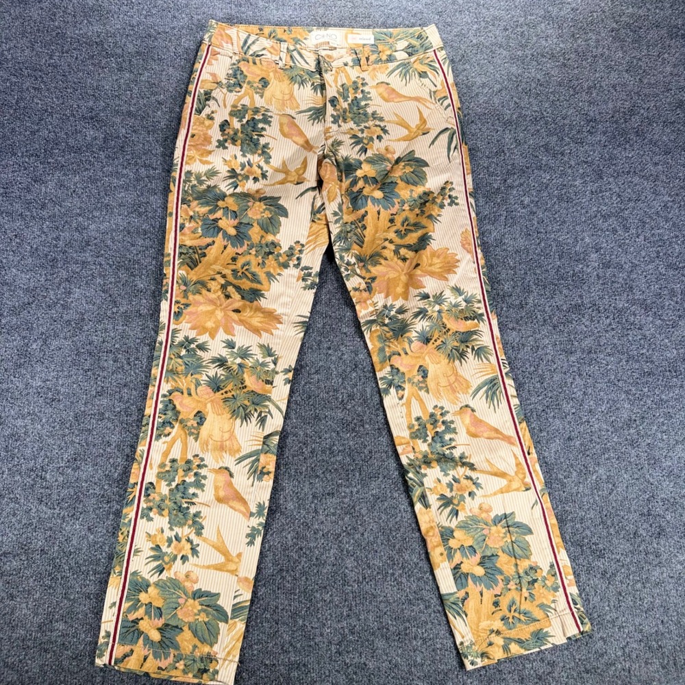 Anthropologie Chino Relaxed Pants Tropical Bird Floral Print Size 28 Tan Womens
